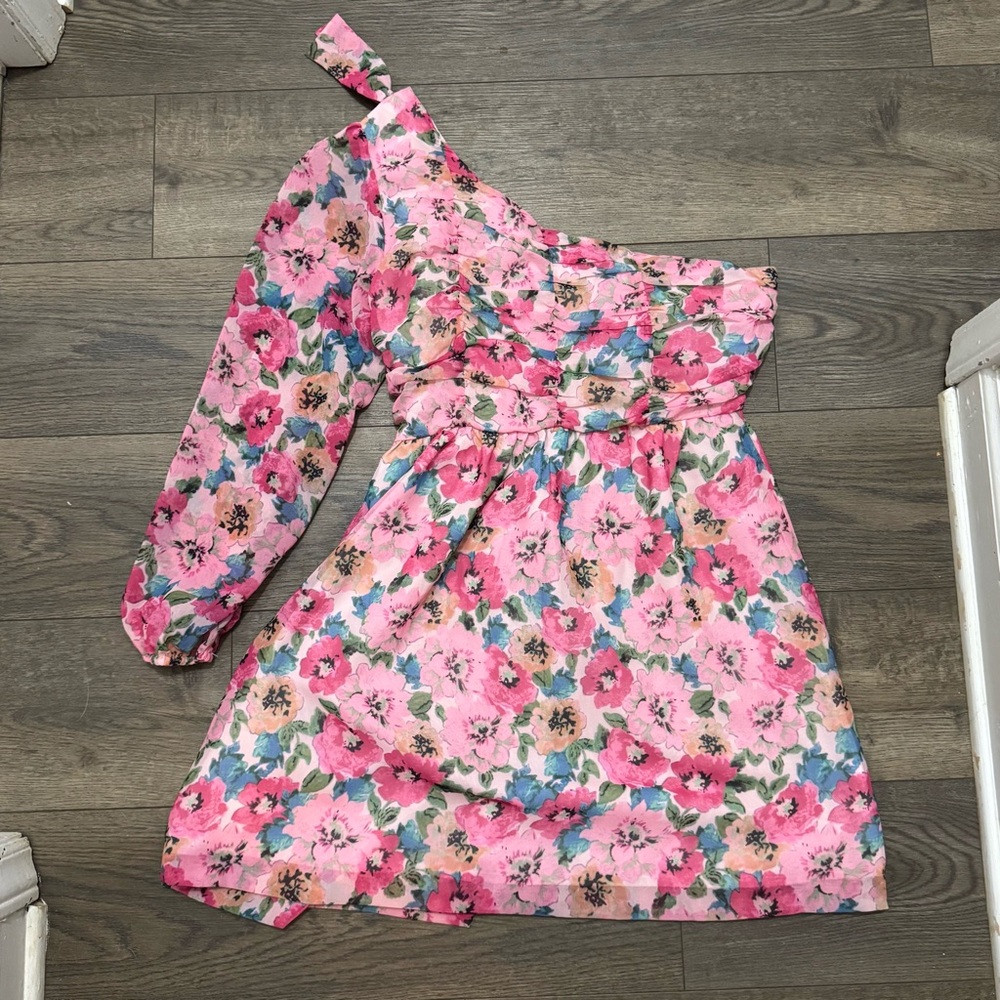 Pink and Blue Floral One-Shoulder Dress